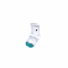 A pair of white crew socks for boys with a teal toe to indicate its size for easy sorting.