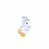 A pair of white crew socks with a yellow toe that indicates size small for easy sorting.