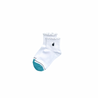 A white sock for girls with a teal toe for easy sorting.